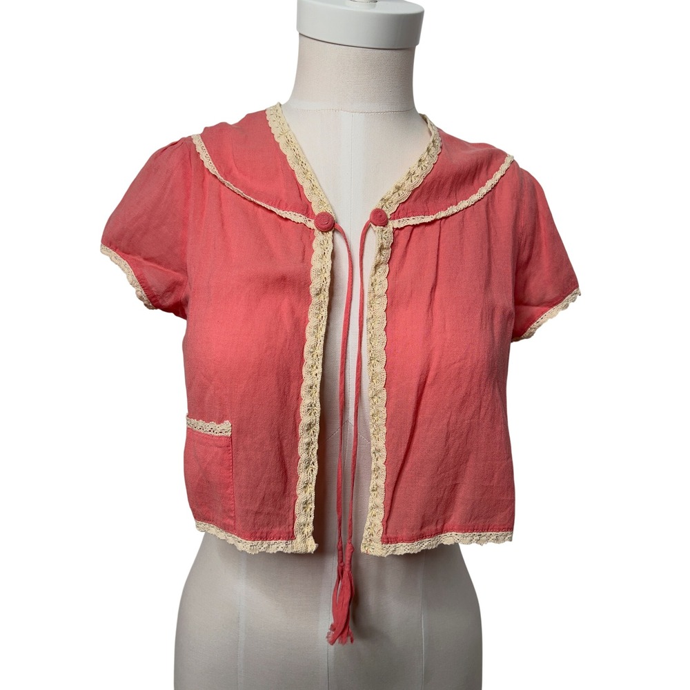 Y2K Odille Anthropologie Coral Pink Crochet Lace Trim Cropped Bolero Cardigan
